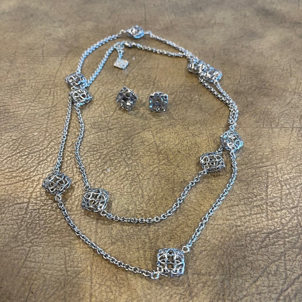 Kendra Scott Nemera Logo Long Necklace and matching Tima Earrings Silver